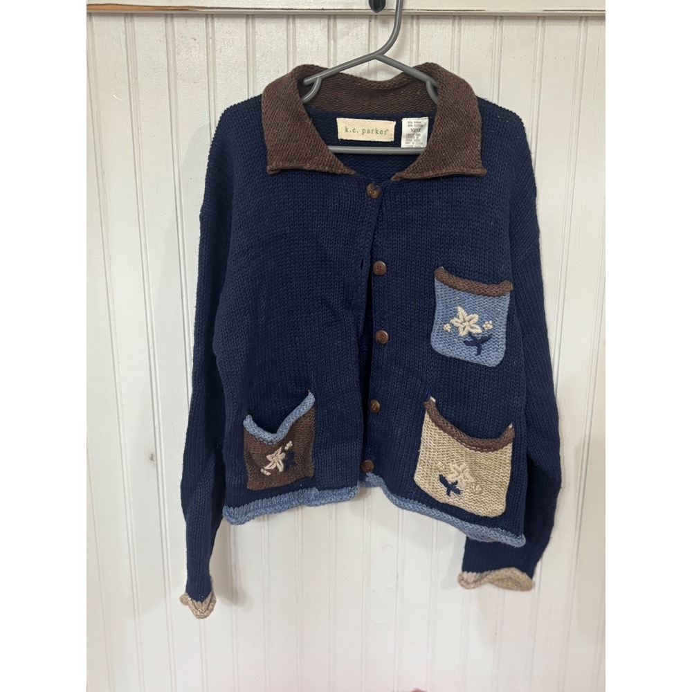 KC Parker Kids Navy Cardigan Sweater Embroidered Pocket Floral 10/12 Cottagecore